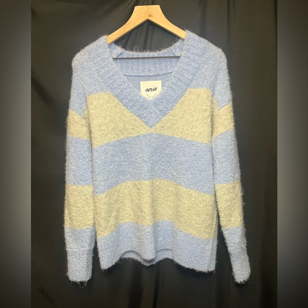 Aerie Oversized Teddy Boucle Blue and Gray Fuzzy V-Neck Sweater - Picture 2 of 6